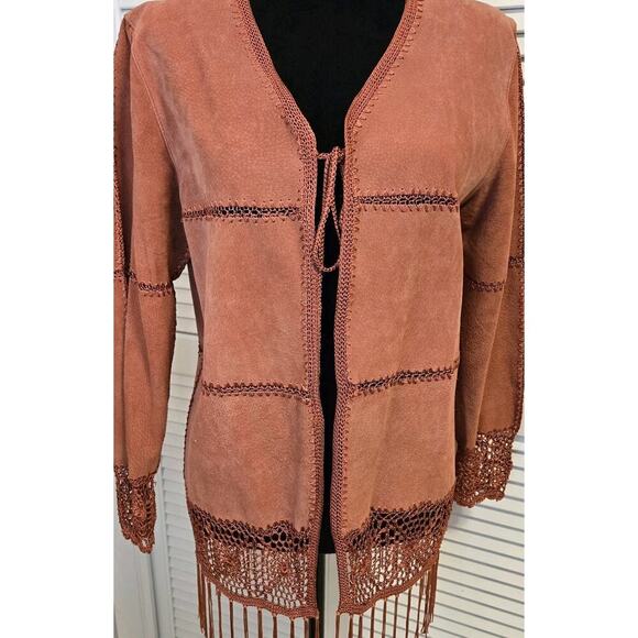 100% Suede Leather Coat SMALL Boho Cottage Fringe Crochet Robert Louis Designer - Picture 1 of 11